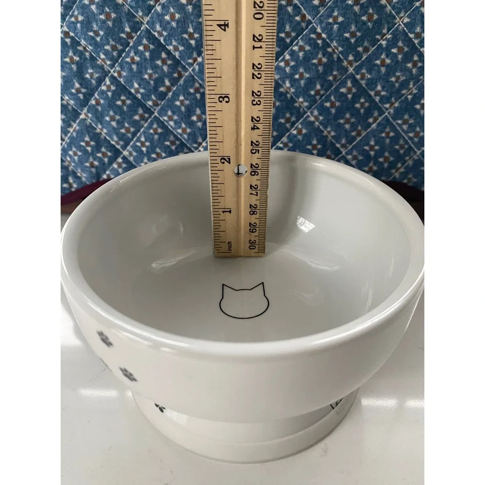 Necoichi White Ceramic Cat Bowl Raised Stand Paw Print Measuring Lines